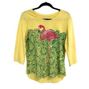 Sun Bay Missy Yellow Green Pink Flamingo Print 3/4 Sleeve Cotton Top Medium